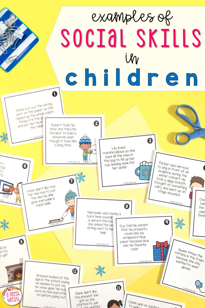 These task cards have examples of social skills in children that could happen in their daily lives to help with connection.