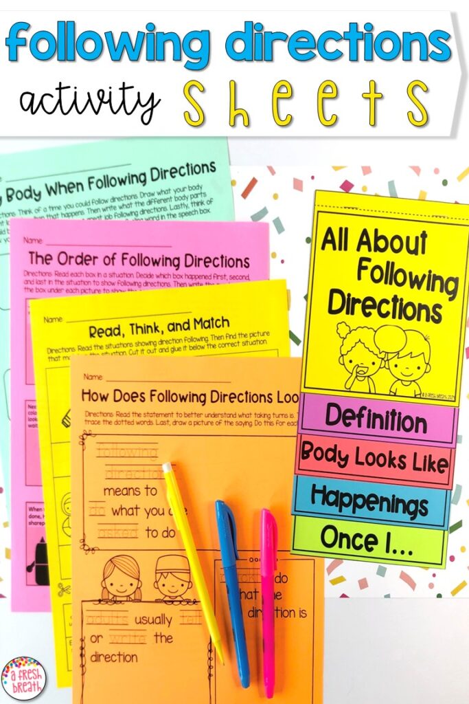 Use some following directions activity sheets like these to practice and reinforce learning of basic social skills.